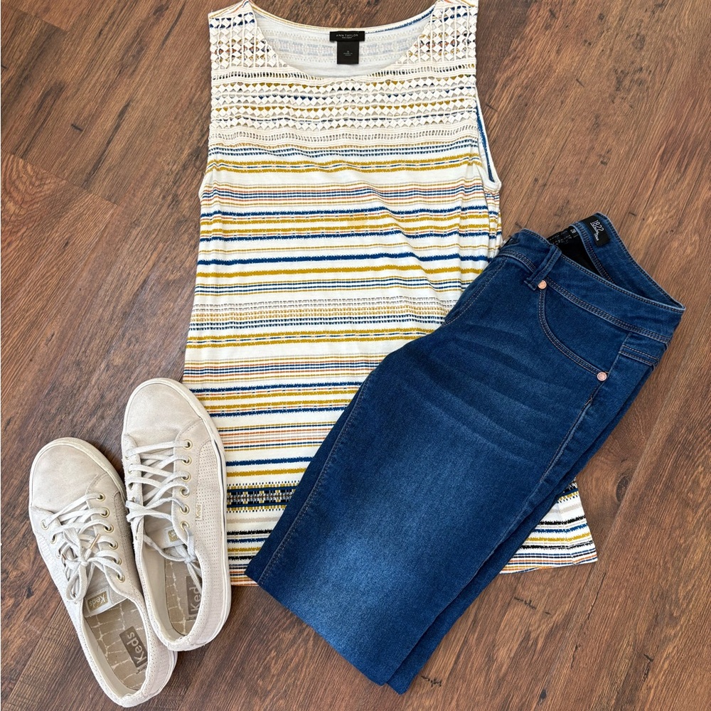Ann Taylor Striped Sleeveless Top with lace detail